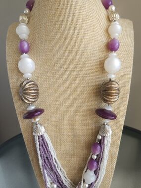 Purple & White Beaded Tassel Necklace with Metallic Accents